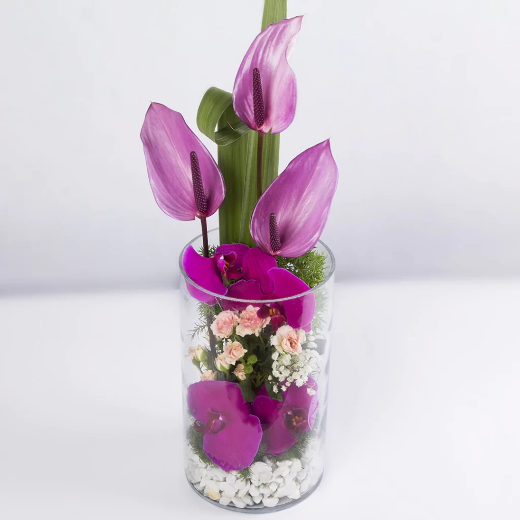 مدل باکس شیشه ای گل ارکیده و گل آنتوریوم کد 1250
