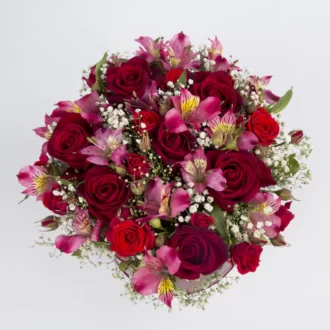 تصویر باکس گل هدیه گل رز هلندی قرمز و گل آلسترومریا با گلدان فلزی کد 2270