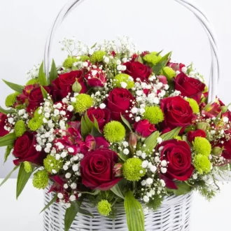 تصویر گل رز قرمز و گل آلسترومریا و کرزنتیا با سبد حصیری کد 3500