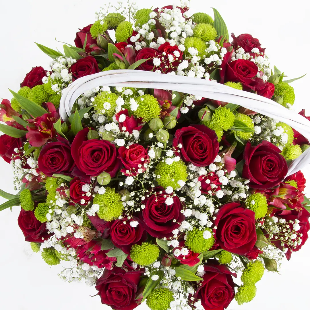 عکس سبدگل هدیه گل رز هلندی قرمز و گل آلسترومریا و کرزنتیا کد 3500