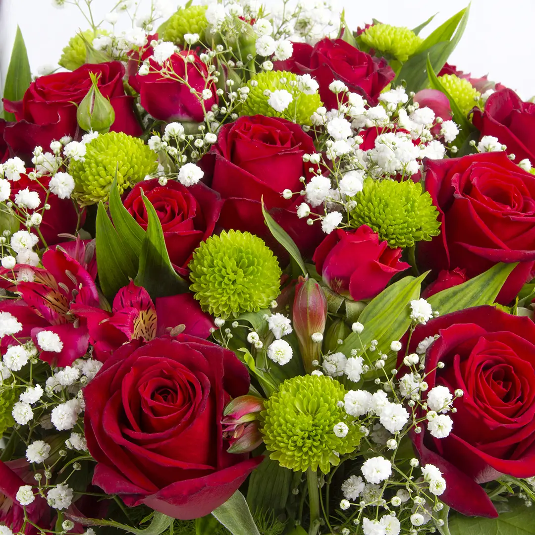 تصویر سبد گل هدیه گل رز قرمز و گل آلسترومریا و کرزنتیا کد 3500
