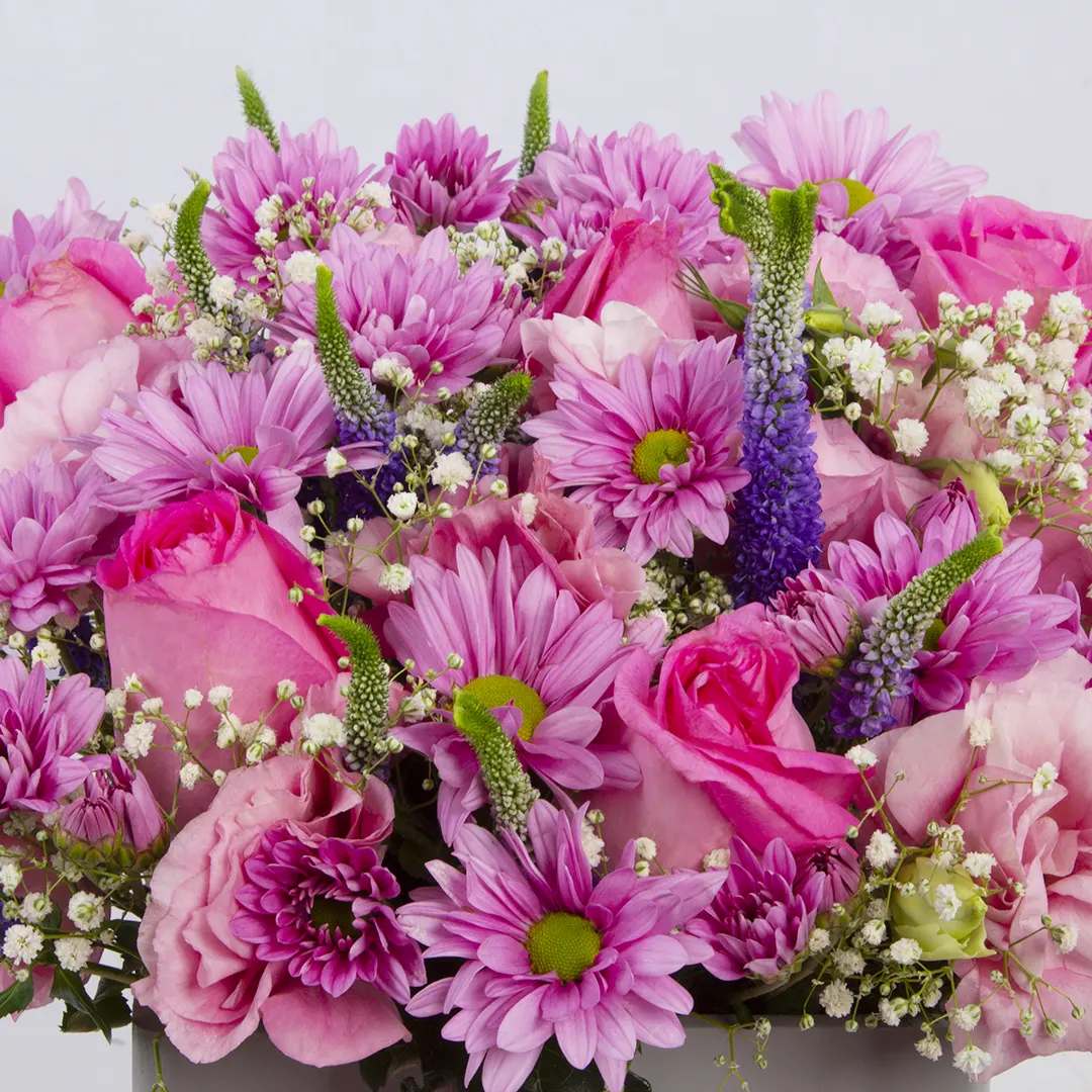 عکس باکس گل رز هلندی سفید صورتی و گل داوودی و گل لیسیانتوس بنفش و گل ورونیکا بنفش بنفش کد 2680
