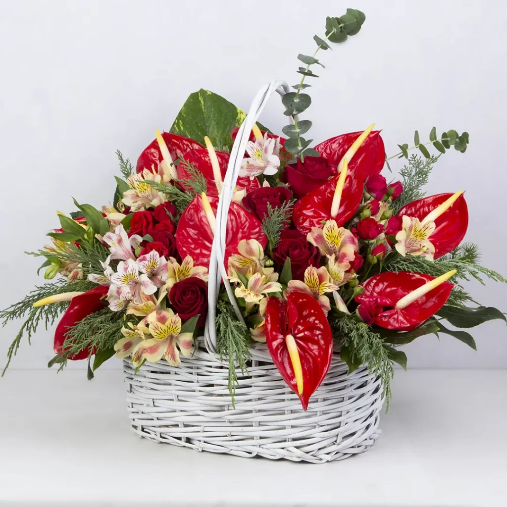 تصویر سبد گل هدیه گل رز قرمز و گل آلسترومریا کد 3540