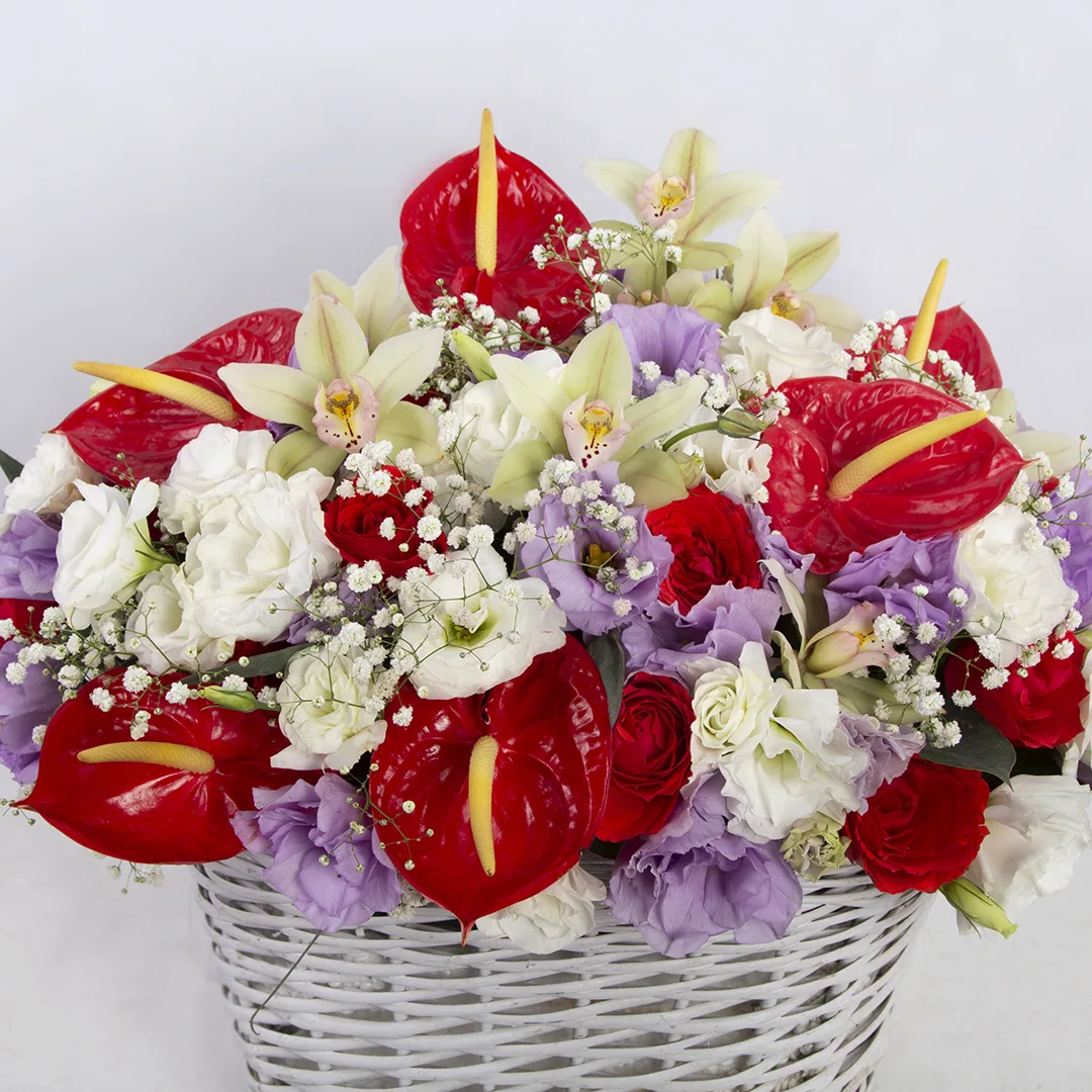 تصویر و مدل سبد گل هدیه تولد گل رز هلندی سفید و گل ارکیده و گل آنتوریومکد 3450