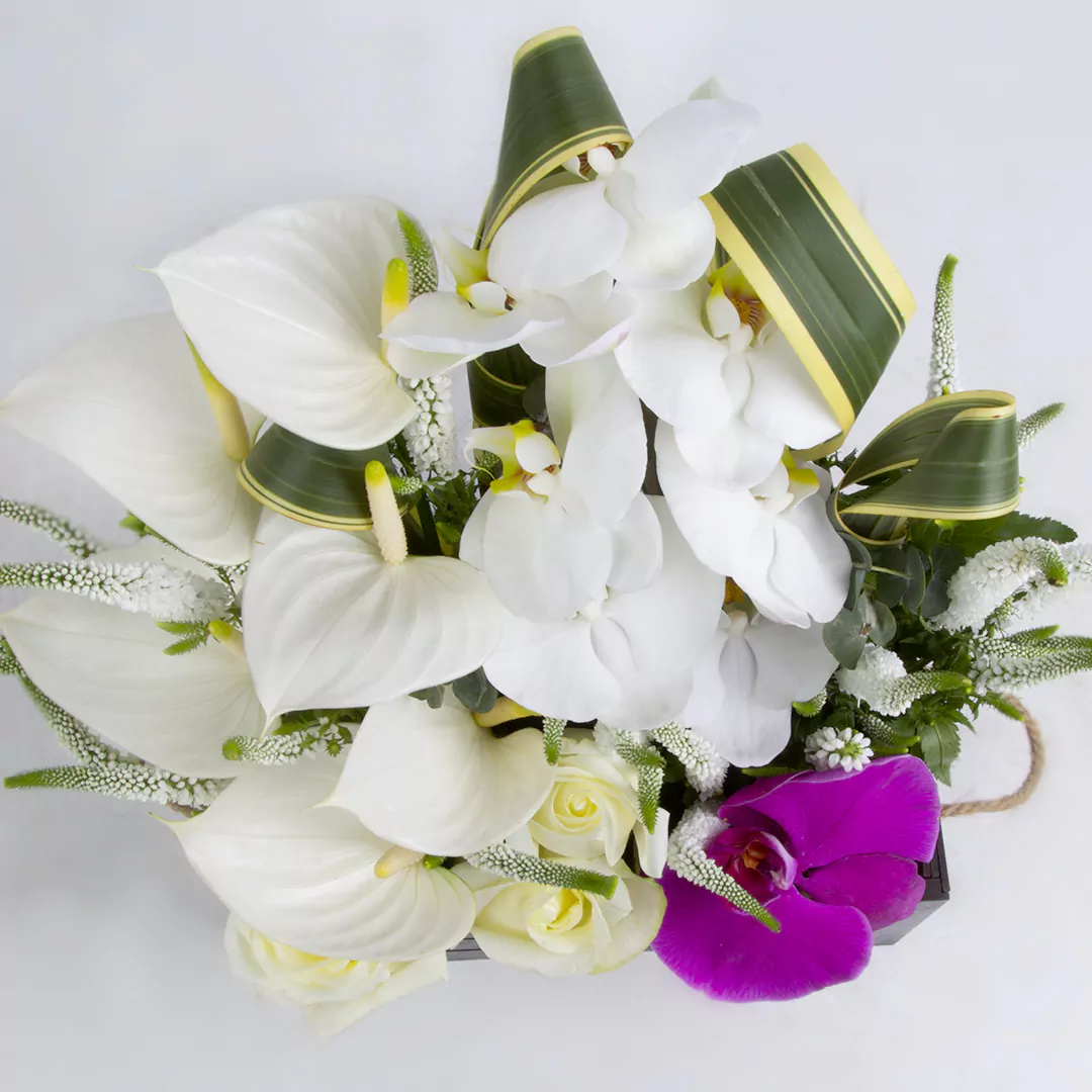 عکس جعبه گل با گل انتوریم سفید و گل ارکیده بنفش و گل رز هلندی کد 2890