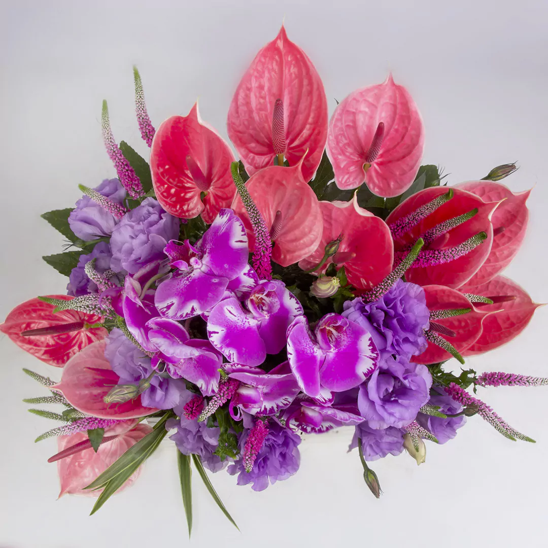 مدل جعبه گل هدیه با گل انتوریم قرمز و گل ارکیده بنفش و گل لیسیانتوس بنفش و گل ورونیکاکد 2830