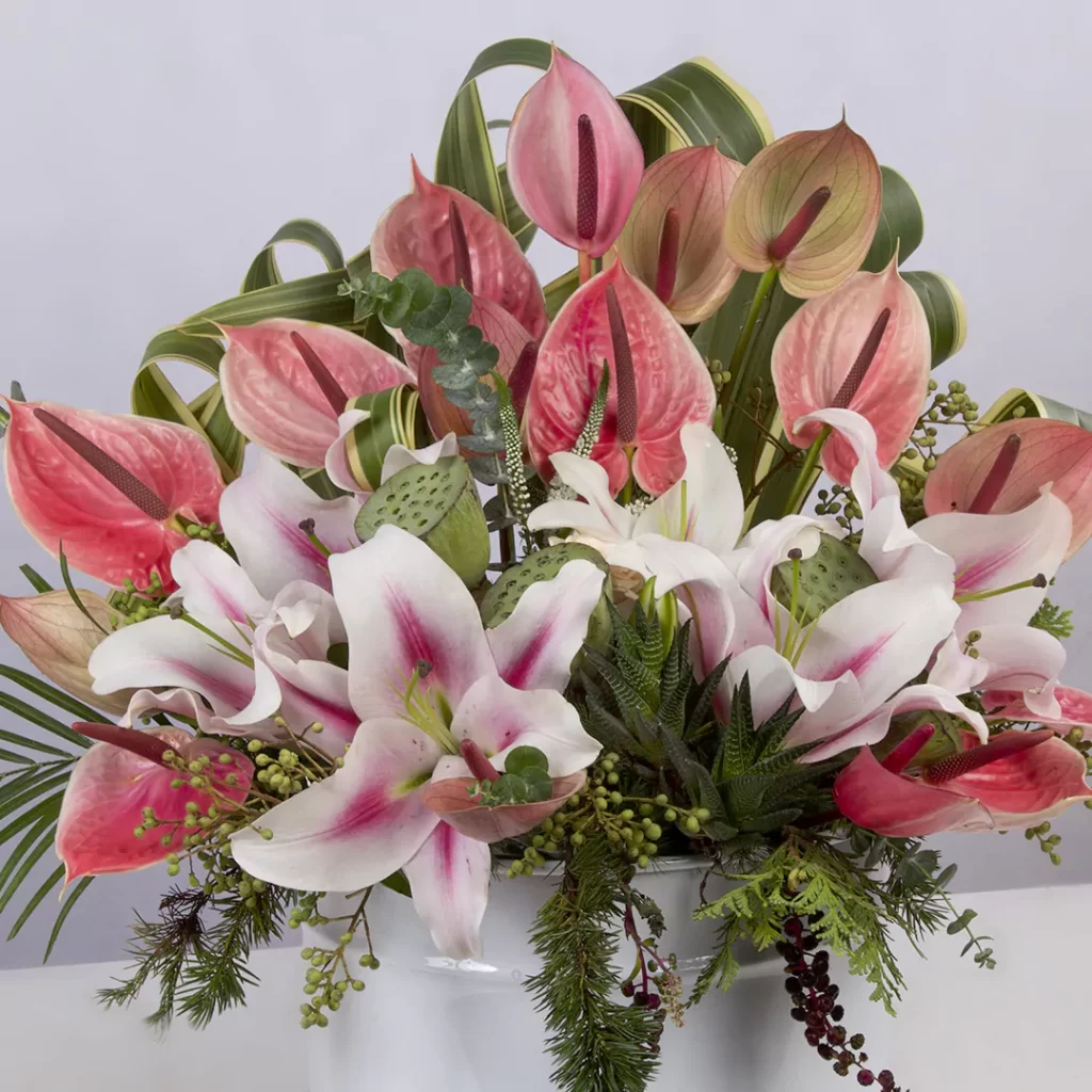 مدل باکس گل هدیه گل آنتوریوم و گل پسته کد 2820