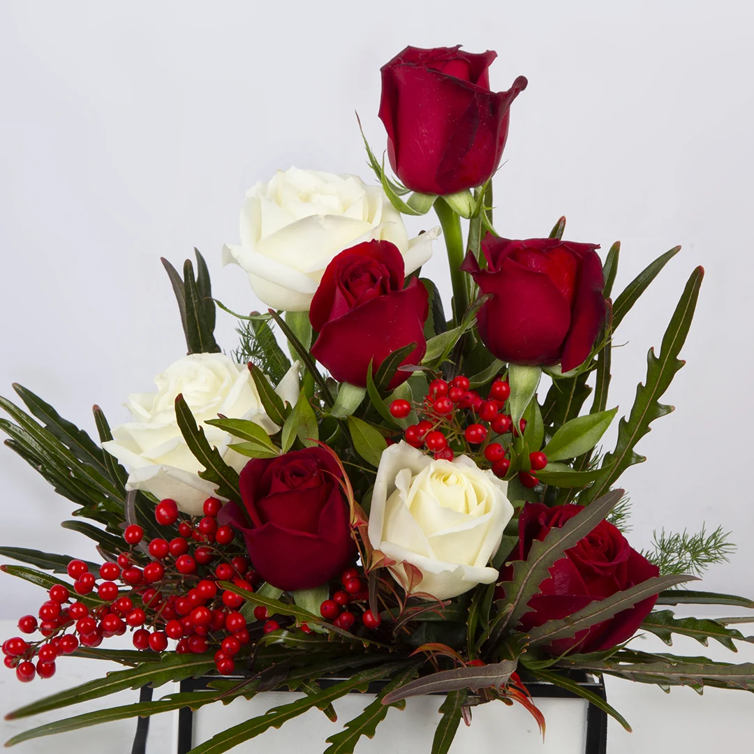 مدل باکس گل هدیه گل رز هلندی قرمز و سفید کد 3020
