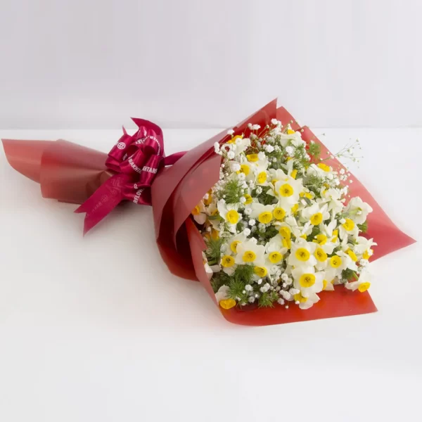مدل دسته گل هدیه نرگس و گل عروس کد 6500