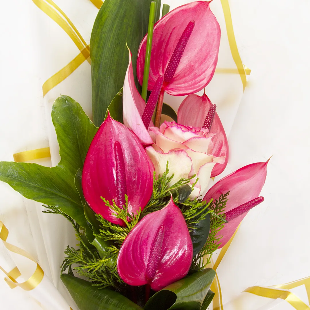 مدل دسته گل روز مادر با گل رز هلندی و گل انتوریوم کد 6510