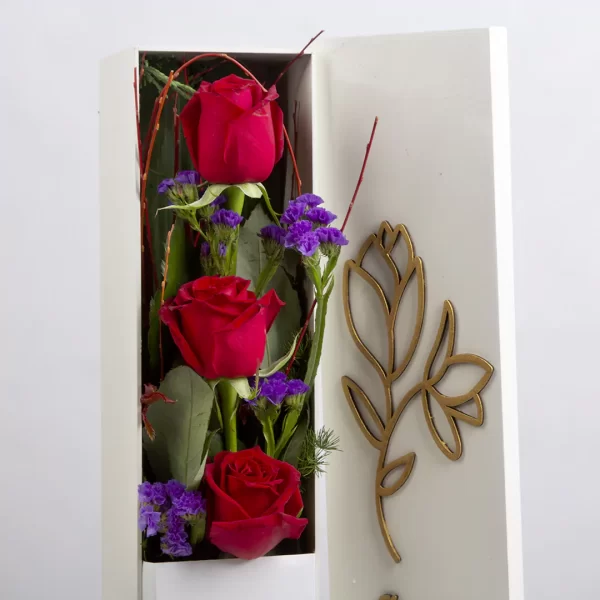 عکس باکس گل رز هلندی قرمز 3 شاخه کد 3060