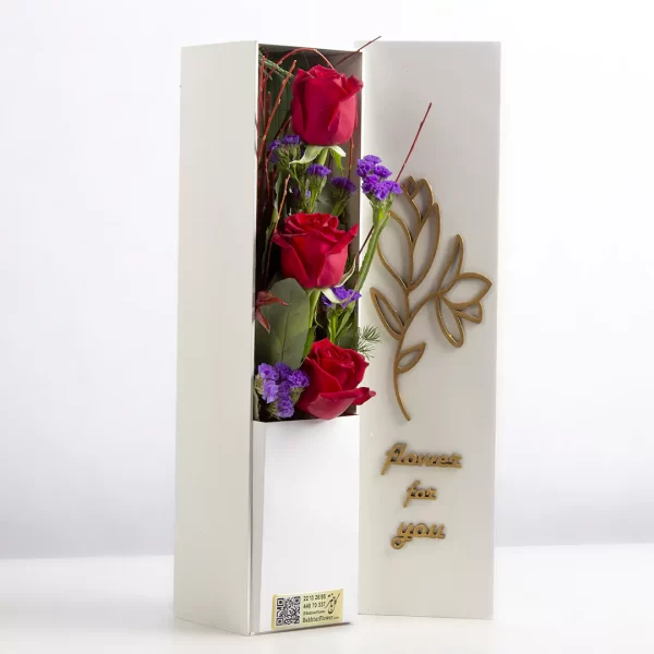 عکس باکس گل هدیه رز هلندی قرمز 3 شاخه کد 3060